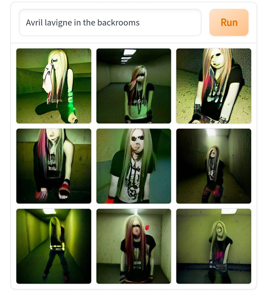This meme is a screenshot of a website that has been flooded with images of singer Avril Lavigne, but all of them are in dark, abandoned backrooms. The text at the top of the page reads "Avril Lavigne in the backrooms" and there is a button that says "Run".